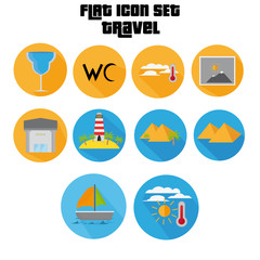 Flat Icon Set With Island, Clouds, Pyramid Shadow For Travel