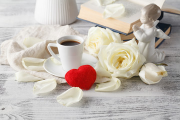 Fototapeta na wymiar Romantic breakfast coffee with white rose