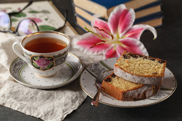 Cup of tea and books, close up