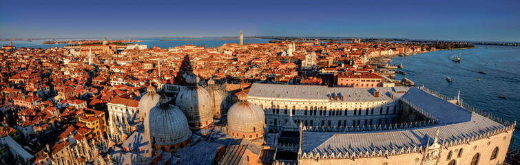 Fototapeta na wymiar Panoramic aerial view in winter from the San Marco Square, Venice, Veneto, Italy. Panoramic view at blue hour.
