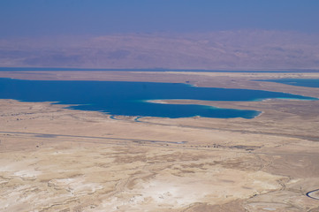 Masada with ropeway and Dead Sea, Israel. Masada was the final battlefield of First Jewish&ndash;Roman War.