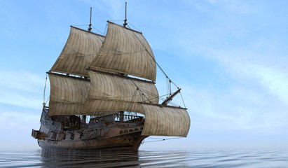 Old Sailboat On The Sea 3D Illustration - 132988306