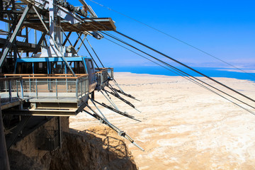 Masada with ropeway and Dead Sea, Israel. Masada was the final battlefield of First Jewish–Roman War.