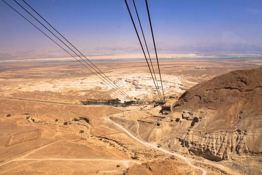 Masada With Ropeway And Dead Sea, Israel. Masada Was The Final Battlefield Of First Jewish–Roman War.