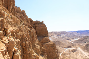 Masada with ropeway and Dead Sea, Israel. Masada was the final battlefield of First Jewish–Roman...