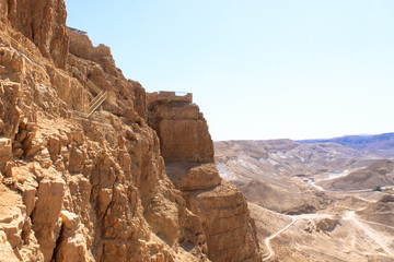 Masada with ropeway and Dead Sea, Israel. Masada was the final battlefield of First Jewish–Roman War.