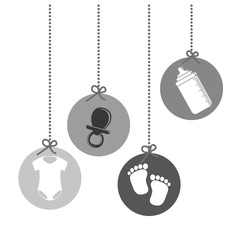 baby stuffs over circles hanging. baby shower design. vector illustration
