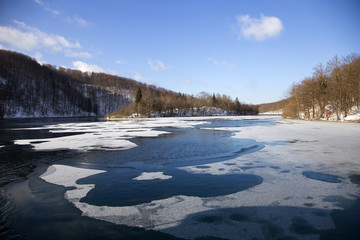 Frozen Plitvice lakes, national park in Croatia