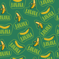 Seamless vector background pattern with hand drawn banana stickers with lettering.