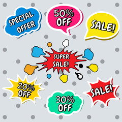 Set of vector colorful stickers in cartoon, comics style with text in speech bubbles. Sale, % off, special offer, super sale. Website badges. Black friday. Online shopping