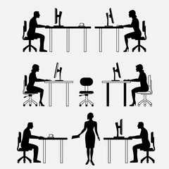 Architectural set of furniture with people. Sitting man, woman. Front view. Interiors elements for house, office, premises. Computer, table, chair. Standard size. Vector - 132990559