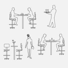 Architectural set of furniture with people. Sitting man, woman. Front view. Interiors elements for restaurant, bar, cafe, premises. Thin lines icons. Table, chair. Standard size. Vector - 132990576