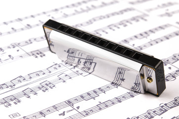 Silver mouth-organ music notes with reflection