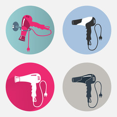 Hair drier icon set. Blow hairdryer with two pin plug. Professional barber tool, household symbol. Modern colored sign on magenta, gray round flat label symbols. Vector isolated - 132990721