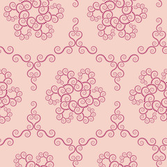 Seamless lace pattern. Vintage swirl texture. Spiral floral snowflakes. Twist ornament of laurel leaves. Dark on light magenta, rose colored background. Vector
