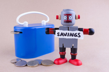 SAVINGS word with standing Robot