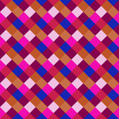Seamless geometric checked pattern. Diagonal square, braiding, woven line background. Patchwork, rhombus, staggered texture. Baby, festival, clown, holiday colors. Vector