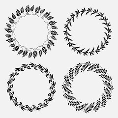 Laurel wreath tattoo set. Black ornaments, nine signs on white background. Victory, peace, glory symbol. Vector