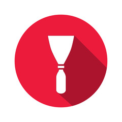 Tool icon. Spattle, surfacer, plastering instrument. Work, job, labour, toil, repair, building symbol. White sign on round red button with long shadow. Vector isolated