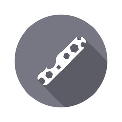 Tool icon. Spanner, nut wrench instrument. Industrial, fixing, support hardware service symbol. White sign on round gray flat button. Vector  