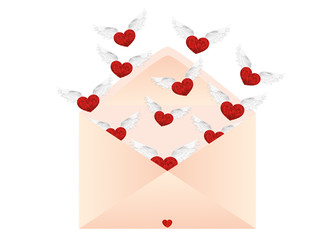 Open envelope with departing hearts with wings. Valentine's Day.