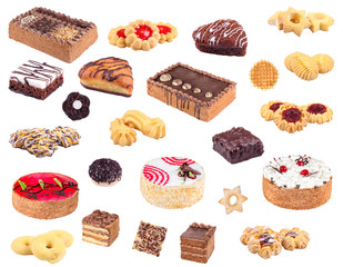 Confectionery cakes and cookies assorted isolated on the white background