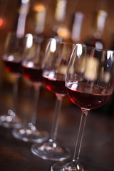 Wine glasses with red wine in the restaurant