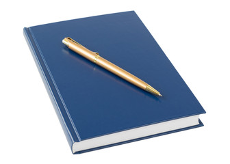 Blue notebook with a gold pen isolated on white background.