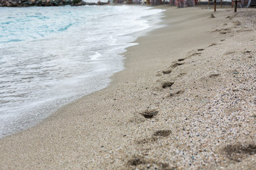 Footsteps on the sand at a seashore