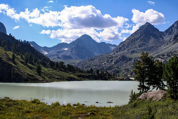 Altai mountains. Highland lake Darashkol on background of mountains