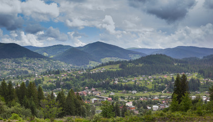 Countryside in the Karpaty mountains. View of the village