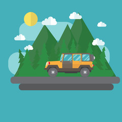 Travel SUV in the mountains. The concept of RV travel. space for text