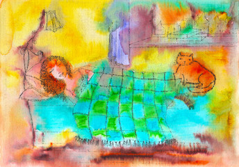 Hand painted watercolor illustration of a girl with a red cat in the bedroom under the colorful plaid.