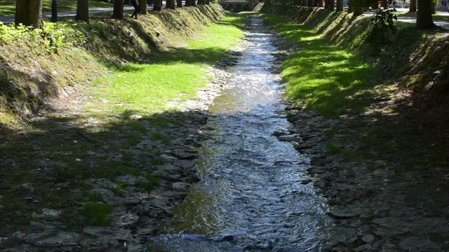Small river in Vrnjacka Banja town in Serbia, surrounded with park trees, flows toward the camera