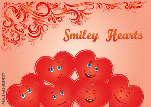 &quot;Valentine Holiday Background, Red Cartoon Smiley Faces Hearts and