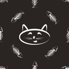 White cat head and a fish skeleton on a dark background. Seamless pattern.