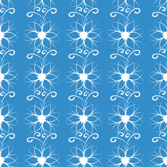 White flowers and curls on a blue background. Seamless pattern.