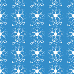 White flowers and curls on a blue background. Seamless pattern.