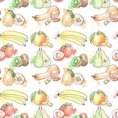 Pattern of fruits in watercolor style. Isolated.