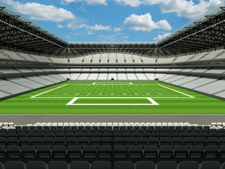 3D render of large American football stadium with white seats and open roof with VIP boxes