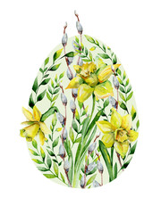 Watercolor yellow narcissus and herbs Easter egg design. May be used for Easter textile decoration print, invitation card, spring decor, wrapping paper and window decoration. - 132999584