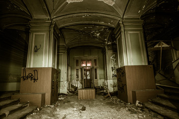 Interior of historical old abandoned burned mansion, Saint Petersburg