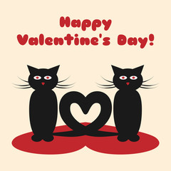 A pair of cats with their tails in the form of heart. Text Happy Valentine's Day! Greeting card. Red, black.