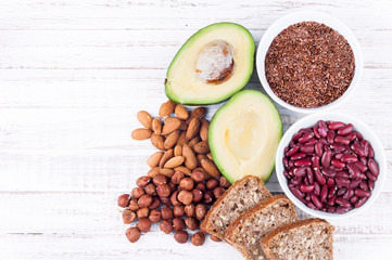 Healthy eating products for healthy heart. Omega 3 and healthy fats. Top view, copy space