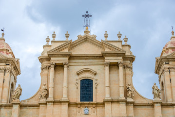 Close up on Saint Nicholas of Myra Cathedral in Noto city, Sicily in Italy