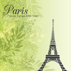 Vector Paris Eifel Tower On Green Leaves Spring Background. Great For Travel In France Card, Poster, Party Invitation.