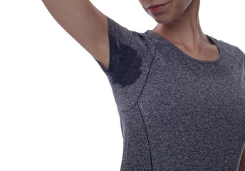 Sport women armpit sweating isolated on white. Transpiration stain. Hyperthyroidism concept
