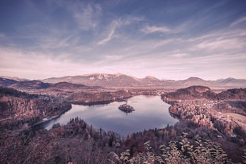 Vintage Lake with Island in Mountains