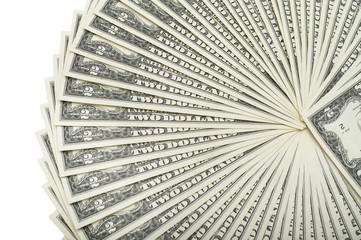A lot of US dollars assorted bills, cash pile on white background.