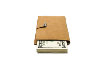 Banknotes dollars in leather brown purse isolated on white